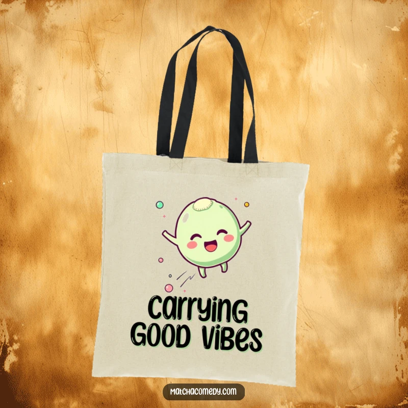 Funny matcha mochi tote bag with a character bouncing with excitement and leaving happy particles, perfect for carrying daily items, a cute funny gift.