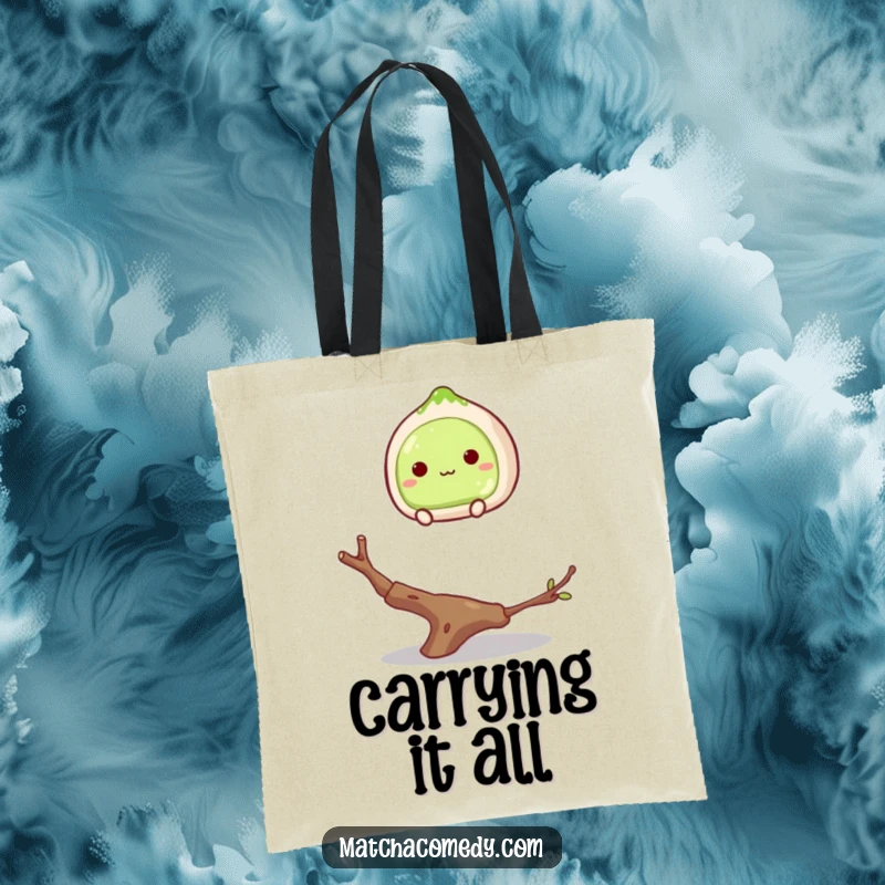 Funny matcha mochi balancing on a twig on a tote bag, looking like it might tumble, a cute and humorous accessory.