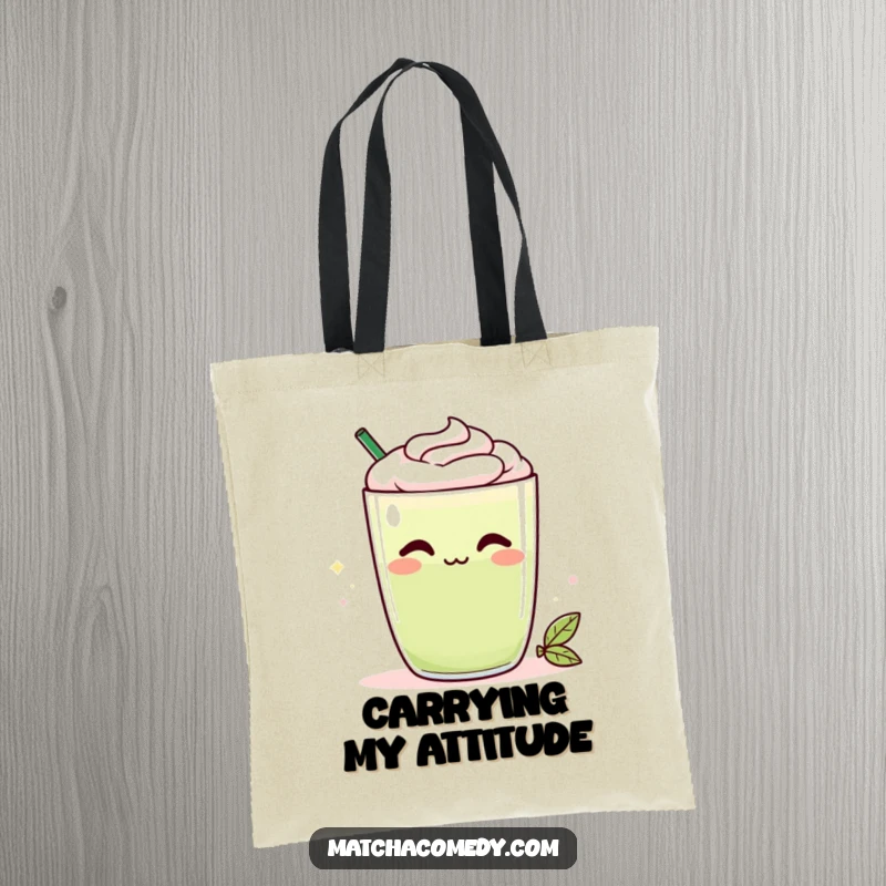 Funny Kawaii matcha latte tote bag showcasing a cheeky smirk, a stylish and humorous accessory for daily use and gifting.