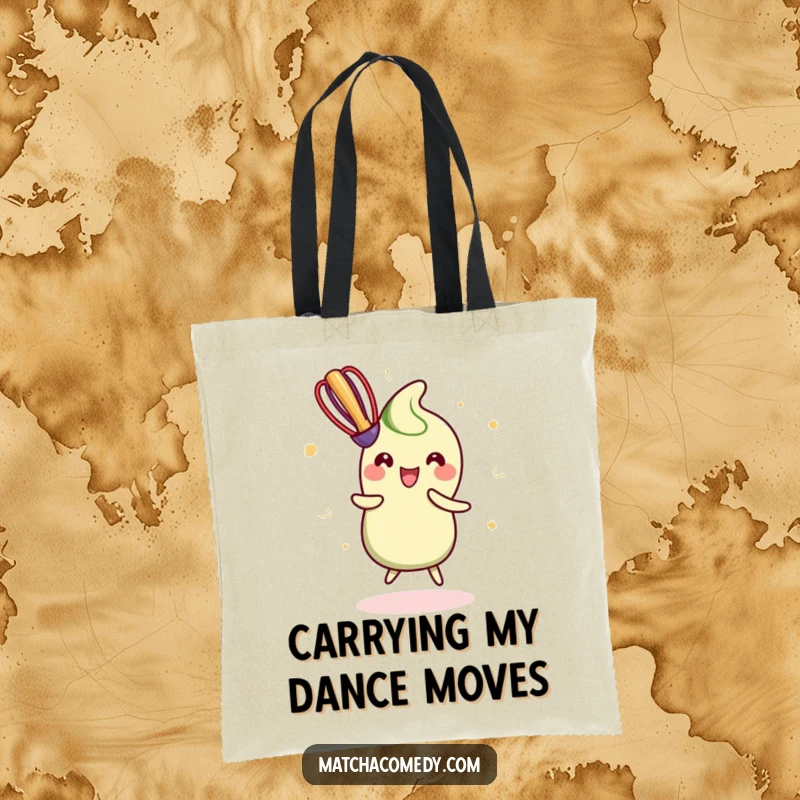 Funny Tote Bag depicting an excited kawaii matcha whisk doing a happy dance, radiating cheerful energy and a love for creation.