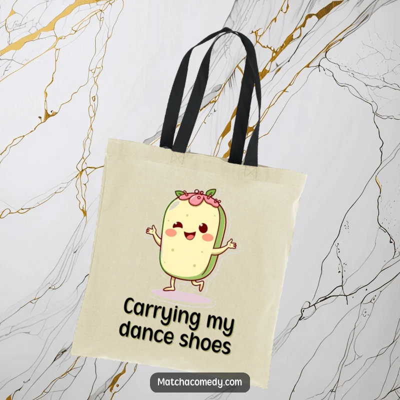 Funny Matcha Pastry Charleston Tote Bag: A cute character dancing lively, perfect for carrying essentials with a smile.