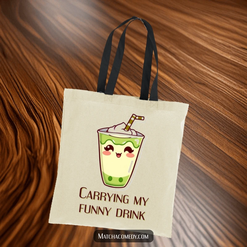 Funny Kawaii Matcha Drink Tote Bag: Durable and humorous, featuring a cute character with a straw sticking out amusingly.