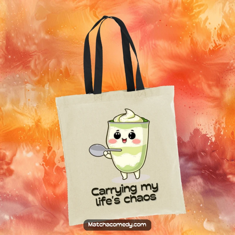 Funny Kawaii matcha latte character hilariously balancing a spoon, durable and stylish, perfect for grocery runs or daily commutes.