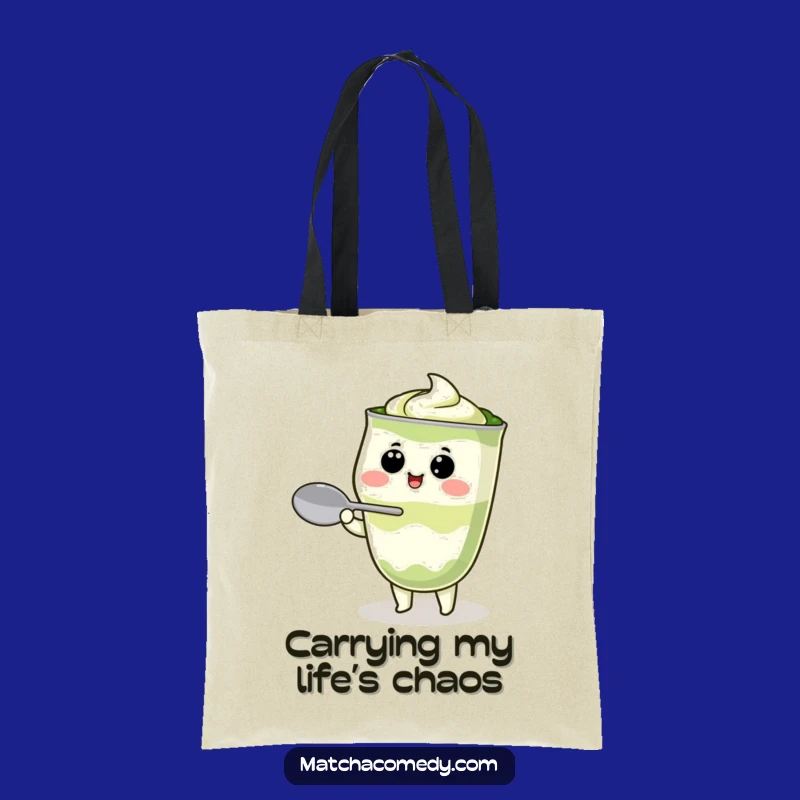 Funny Kawaii Matcha Latte Tote Bag - Cute Character Balancing Spoon, Ideal Funny Gift