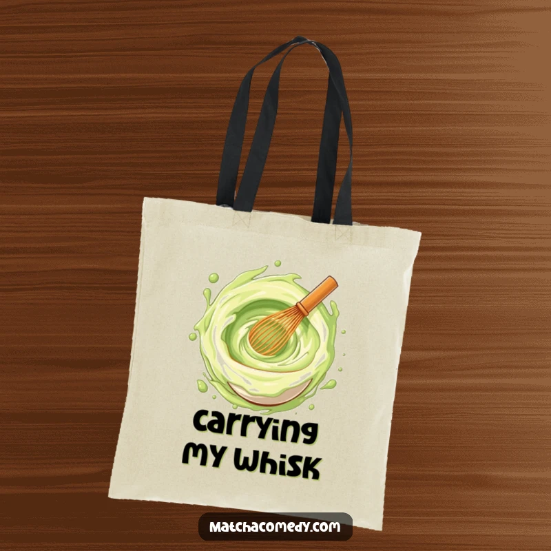 Funny matcha whisk spinning a vortex of pure joy and energy, printed on a stylish tote bag, great for errands.
