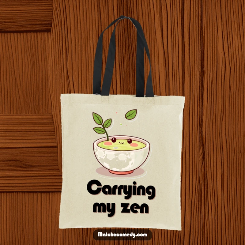 Funny Kawaii matcha bowl character humorously amused by a floating leaf, durable canvas, perfect for shopping or carrying essentials.