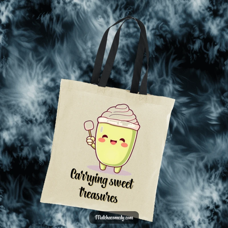 Funny Matcha Latte Tote Bag with an excited character pointing at a floating sugar cube, highlighting its theme of sweet discovery.