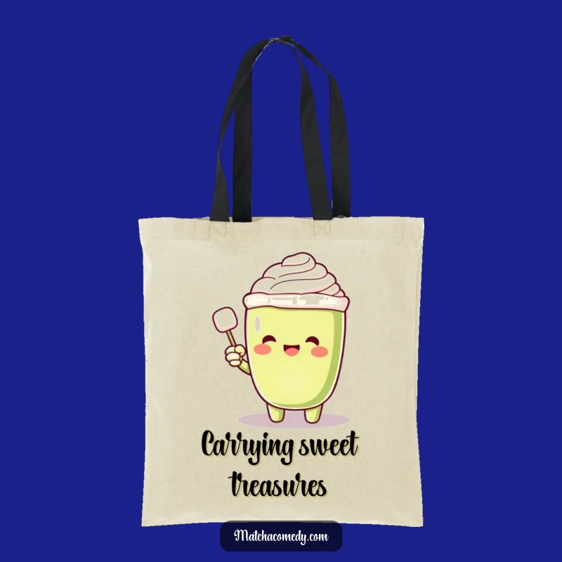 Funny Matcha Latte Sugar Seeker Tote Bag: Excited Character, Floating Cube, Handy Gift