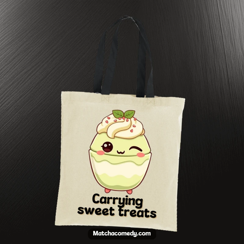 Funny Matcha Parfait Tote Bag: A kawaii matcha parfait winks playfully, making errands more fun and stylish.