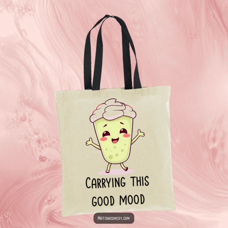 Funny Matcha Latte Tote Bag with a giggling character gleefully dancing, emphasizing its bubbly and energetic design for shoppers.