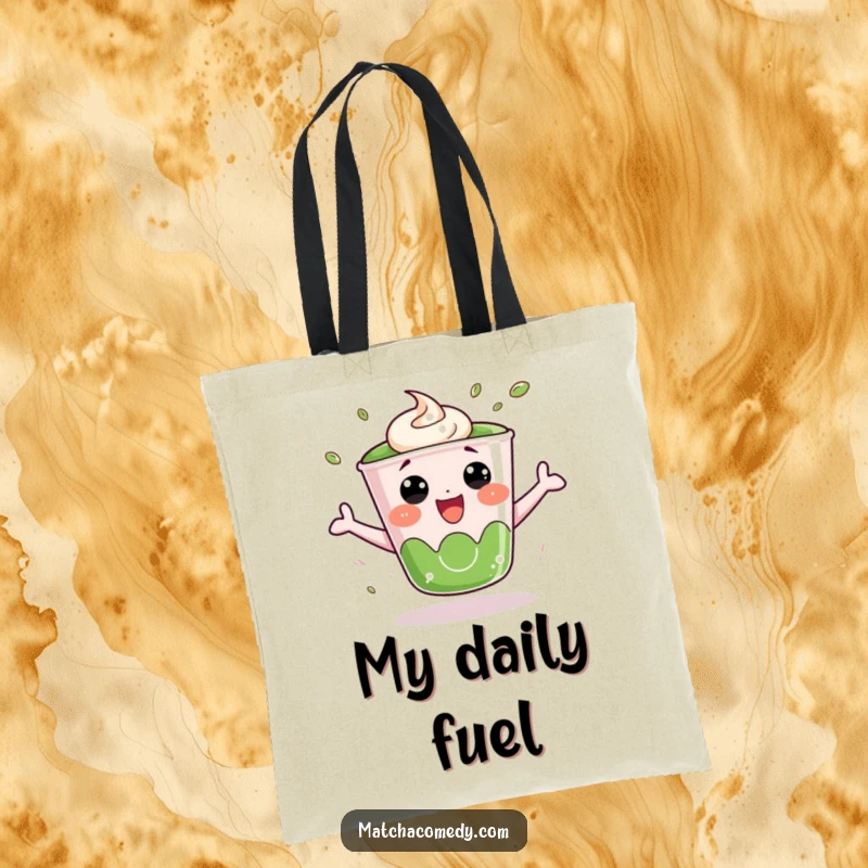 Funny Matcha Cup Tote Bag: A kawaii matcha cup bounces with excitement, making errands more enjoyable and stylish.