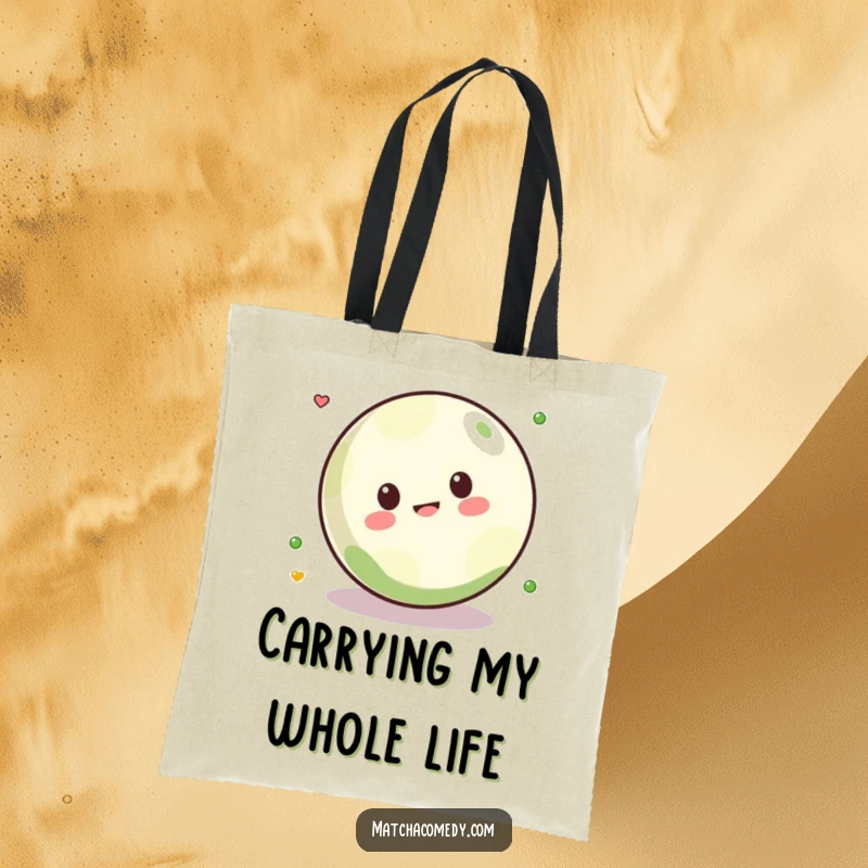 Funny Kawaii matcha ball depicted in a playful rolling motion on this durable and humorous tote bag.