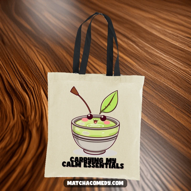 Funny Kawaii Matcha Bowl Tote Bag: Durable and humorous, featuring a cute character amused by a floating leaf.