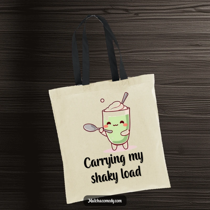 Funny Kawaii Matcha Latte Tote Bag: Durable and humorous, featuring a cute character attempting a spoon balance act.