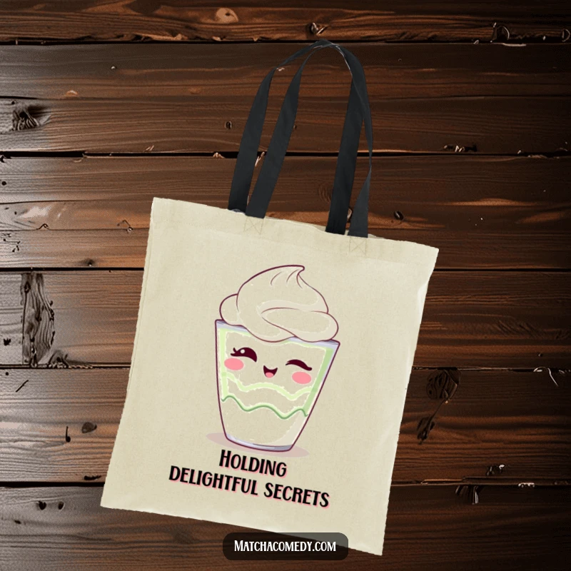Funny Tote Bag depicting an excited kawaii matcha parfait winking playfully, radiating cheerful sweetness and charm.