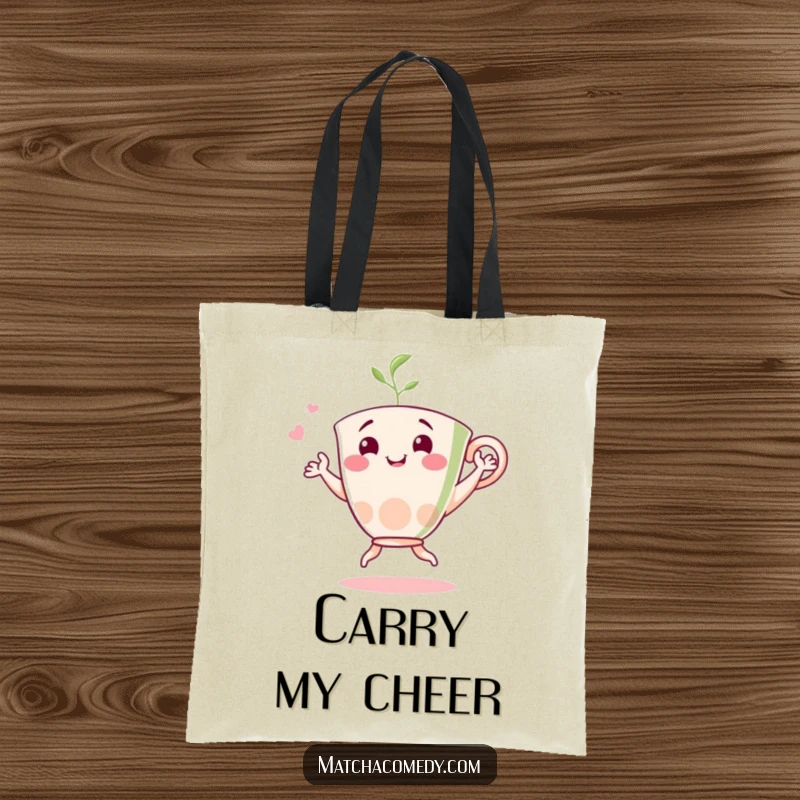 Funny matcha dancer tote bag showing a cheerful tea cup character dancing happily, perfect for carrying items with joy.