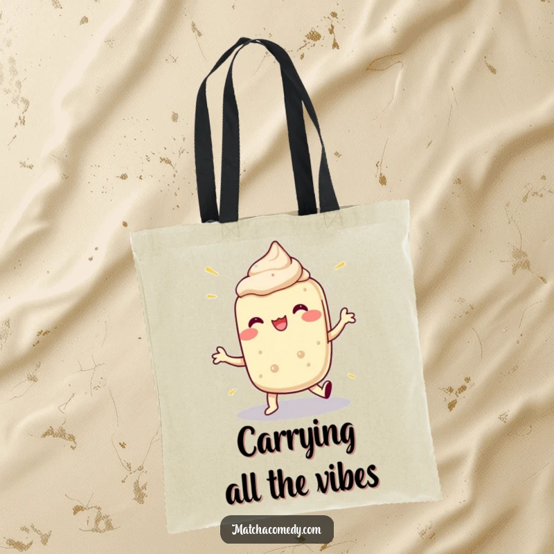 Funny tote bag with a matcha dessert in a wild, exaggerated dance, ideal for stylish and humorous shopping.