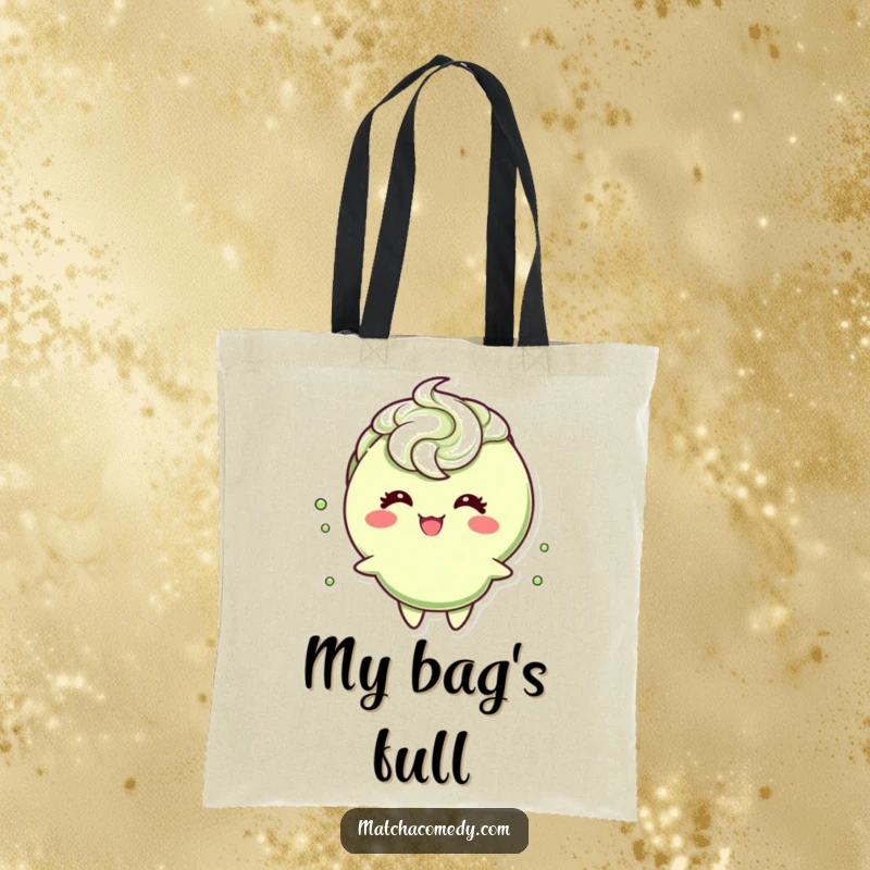 Funny matcha tea cup character with a frothy swirl, caught in a joyous giggle, ready to carry your essentials on this tote bag.