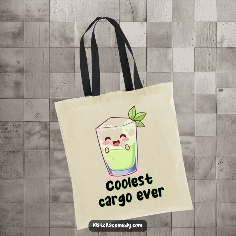 Funny smiling matcha ice cube leaping from a glass, printed on a durable tote bag. A functional and humorous accessory.