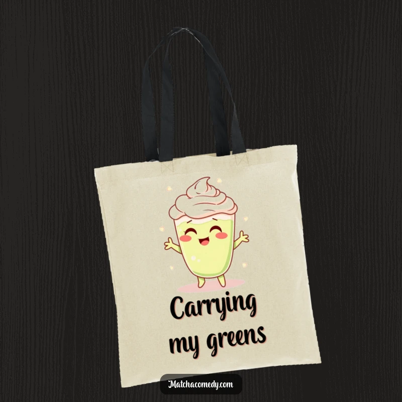 Funny Matcha Latte Tote Bag featuring a cheerful character shimmying with foamy swirls, ideal for carrying essentials.