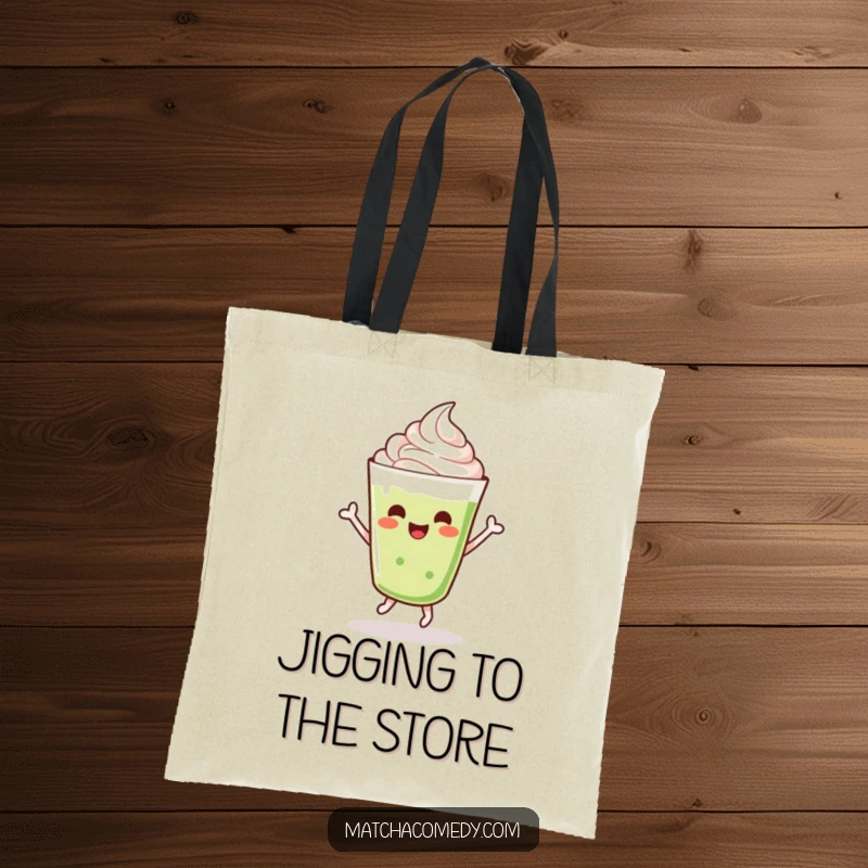 Funny dancing kawaii matcha latte with whipped cream, doing a cheerful jig, tote bag.