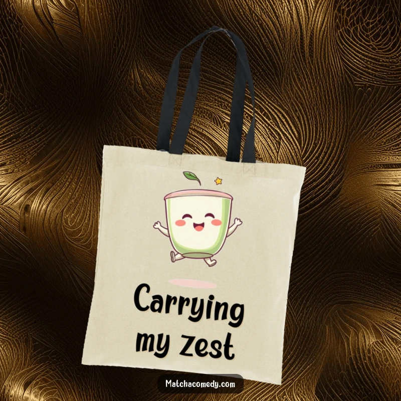 Funny matcha tea cup character joyfully leaping, ready to carry your items with a smile on this durable tote bag.