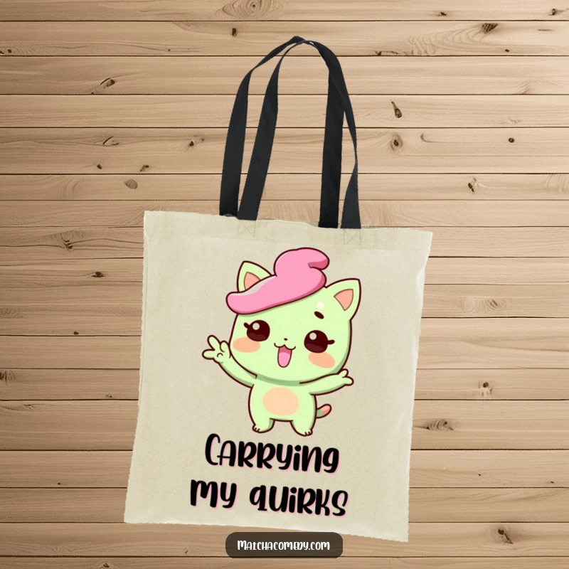 Funny matcha sweet tote bag with a character striking a funny pose with tongue playfully sticking out, perfect for carrying essentials, a cute funny gift.