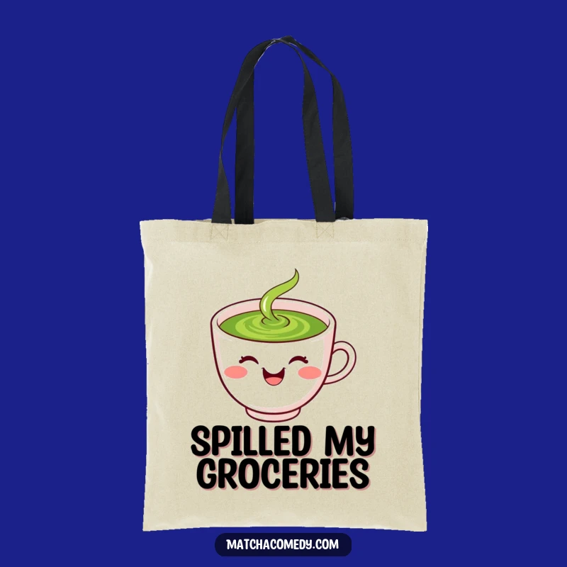 Funny Matcha Tote Bag: Laughing Kawaii Tea Cup Spilling Green Carryall