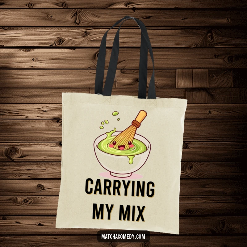 Funny Kawaii matcha whisk tote bag featuring a character spinning in a bowl, great for carrying daily items.