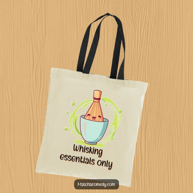 Funny matcha tea whisk captured in a dynamic spin, showcased on a durable tote bag for everyday use.