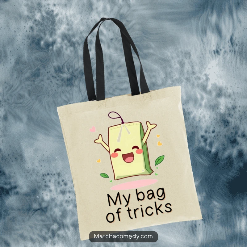 Funny tote bag featuring a lively matcha tea bag doing a cheerful somersault, ideal for shopping or daily use.