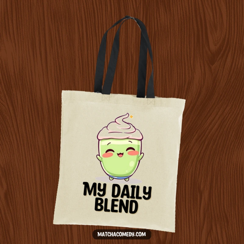 Funny, vibrant matcha latte in a playful whisking pose on this practical and humorous tote bag.