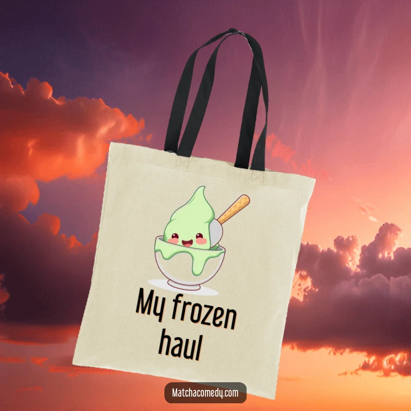 Funny, happy matcha ice cream scoop diving into a bowl on this practical and humorous tote bag.