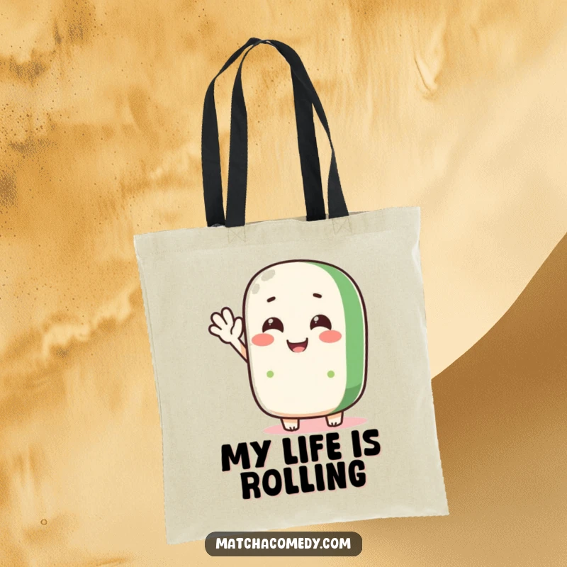 Funny matcha roll character waving a silly hello, printed on a durable tote bag, great for everyday use.