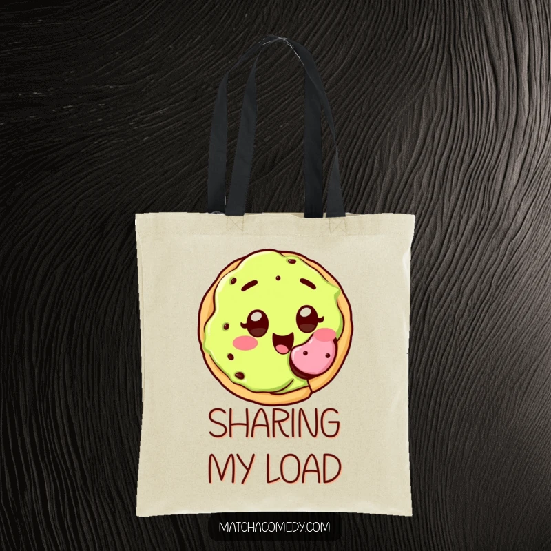 Funny kawaii matcha cookie with wide, joyful eyes, happily offering a bite, tote bag.